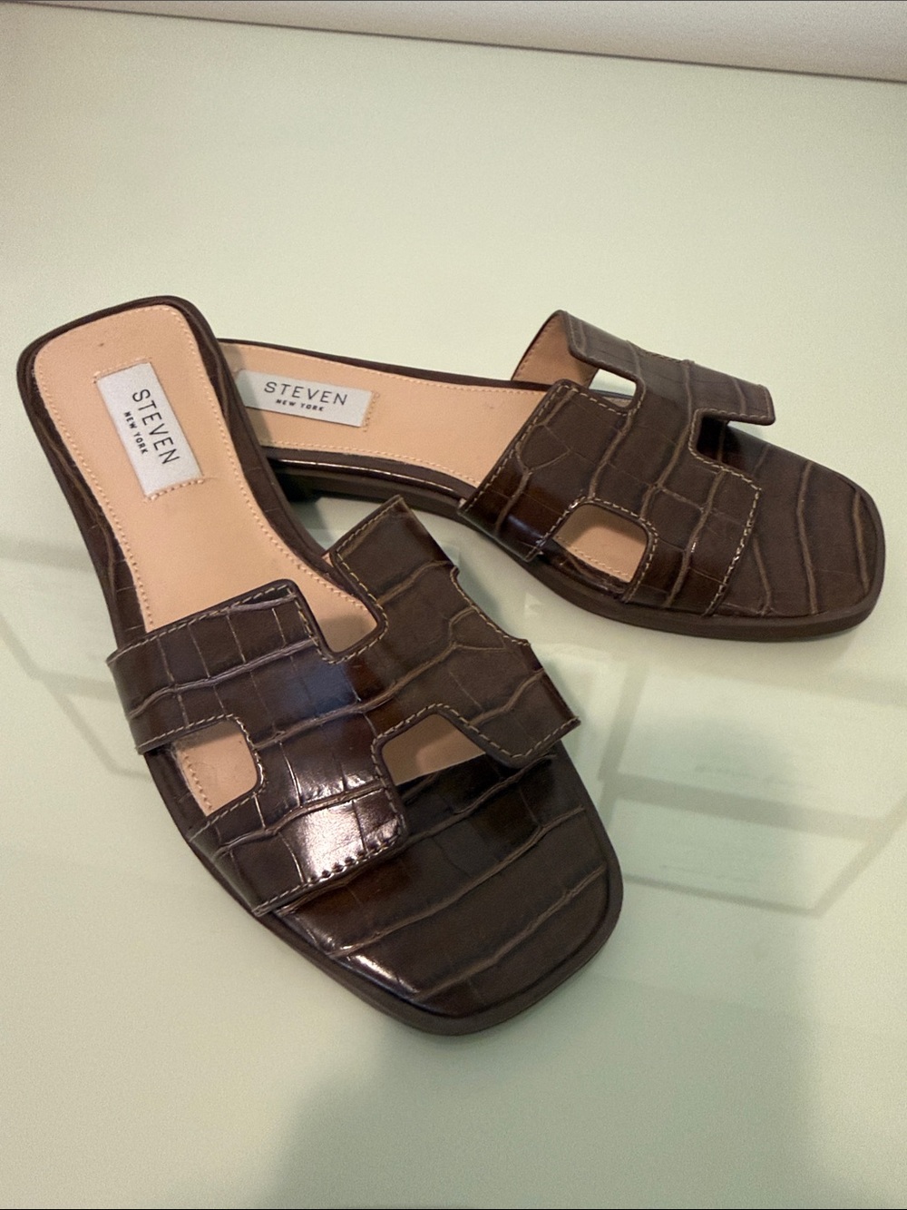 STEVEN New York Women's Brown Croc-Embossed Slide Mules